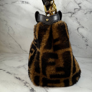 Fendi Mini Shearling Peekaboo Bag Sheepskin Fur Brown/Black FF Zucca Selleria