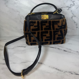 Fendi Mini Shearling Peekaboo Bag Sheepskin Fur Brown/Black FF Zucca Selleria