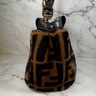 Fendi Mini Shearling Peekaboo Bag Sheepskin Fur Brown/Black FF Zucca Selleria