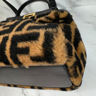 Fendi Mini Shearling Peekaboo Bag Sheepskin Fur Brown/Black FF Zucca Selleria