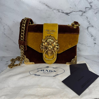 Prada Velvet Lion Bag Yellow Gold Shoulder/Crossbody Metal Rare Knocker Purse