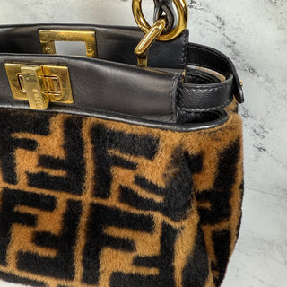 Fendi Mini Shearling Peekaboo Bag Sheepskin Fur Brown/Black FF Zucca Selleria