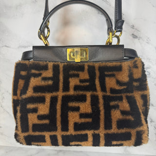 Fendi Mini Shearling Peekaboo Bag Sheepskin Fur Brown/Black FF Zucca Selleria
