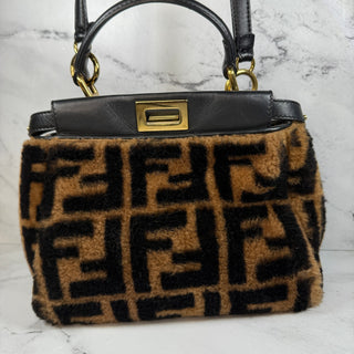 Fendi Mini Shearling Peekaboo Bag Sheepskin Fur Brown/Black FF Zucca Selleria